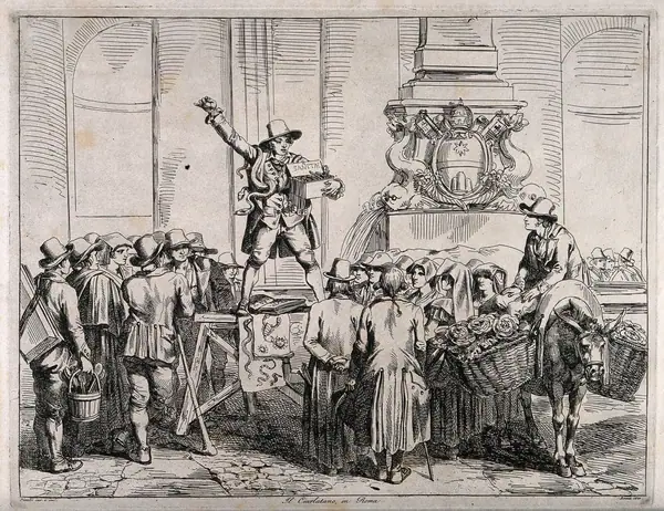 A salesman in Rome with a snake selling amulets as antidotes or prophylactics against snake-bite to a crowd of people. Etching by B. Pinelli, 1821.