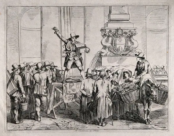 A salesman in Rome with a snake selling amulets as antidotes or prophylactics against snake-bite to a crowd of people. Etching by B. Pinelli, 1821.