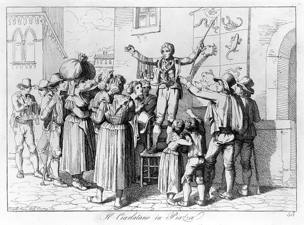 An itinerant salesman selling amulets against the bites of snakes and other animals to a crowd of people who purchase them eagerly. Etching by B. Pinelli, 1815.