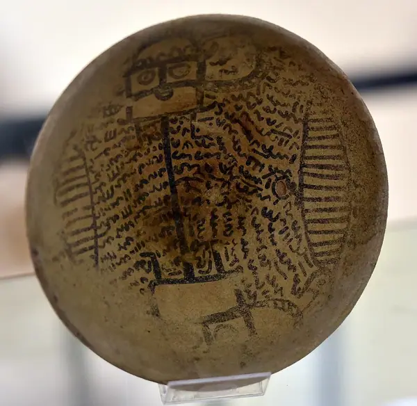 Incantation bowl, from Iraq, Aramaic inscription with a human figure,3rd to 7th century CE. Iraq Museum
