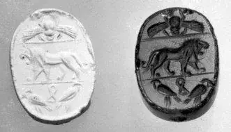 Stamp seal scaraboid and modern impression: roaring lion; winged beetle above, falcons and shn sign below