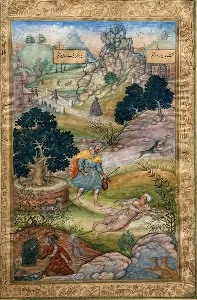 A Muslim pilgrim learns a lesson in piety from a brahman, Khamsa, 1597-98 CE, The MET