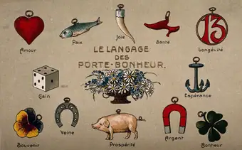 A postcard illustrating a variety of good luck charms. Chromolithograph.