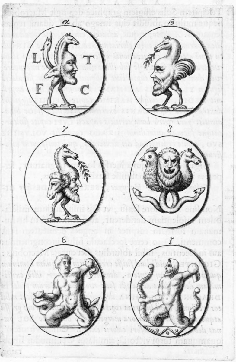 Chifflet, Abraxas seu Apistopistus, 1657 — The cock-headed, serpent-legged Abraxas with whip and shield