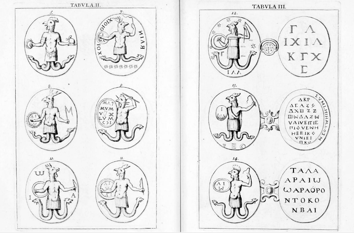 Chifflet, Abraxas seu Apistopistus, 1657 — IAO and the names, in Greek capitals
