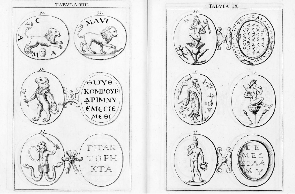 Chifflet, Abraxas seu Apistopistus, 1657 — Anguipede figures in varying attitudes