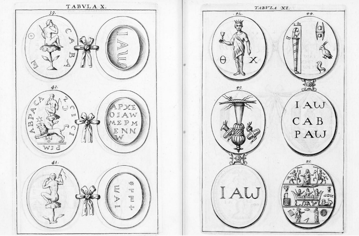 Chifflet, Abraxas seu Apistopistus, 1657 — A gem with the seven vowels — each vowel one planet