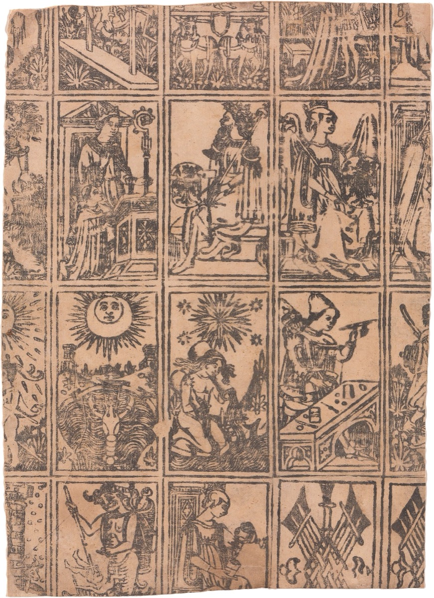 An uncut tarot sheet, Italy, c. 1500